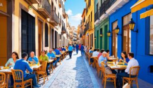 People dining at outdoor tables on a colorful European street