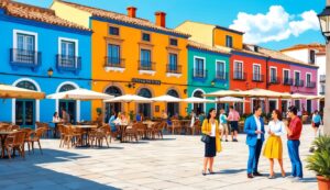 Colorful buildings with outdoor cafes and people socializing in a plaza