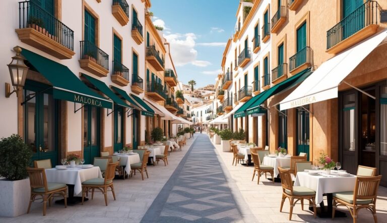 Mallorca street with restaurants, awnings, and tables set for dining