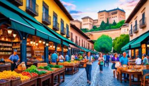 Busy street market with produce, people, and a castle in the background