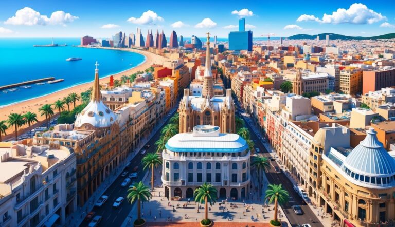 Aerial view of Barcelona with beach, buildings, and palm trees