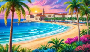 Beach scene with palm trees, buildings, and colorful sunset sky