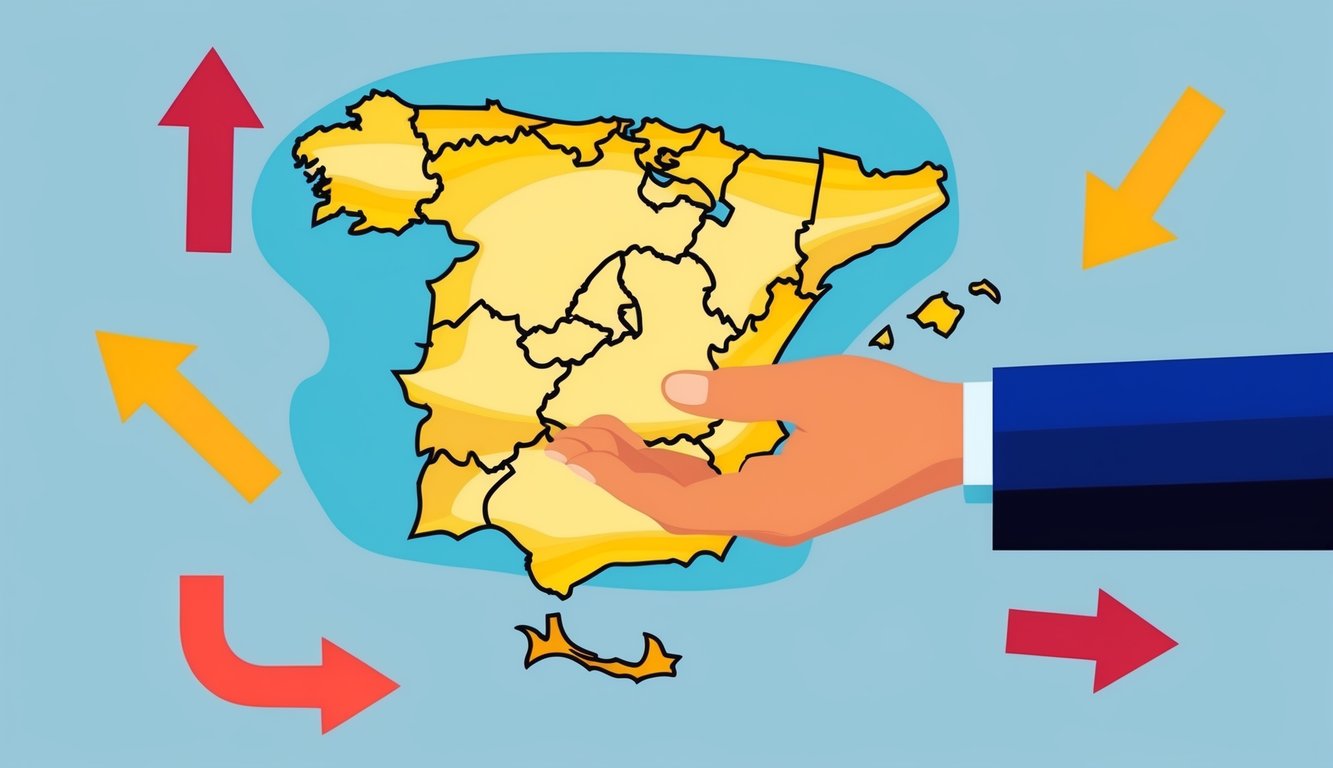 Cartoon map of Spain with arrows and a hand