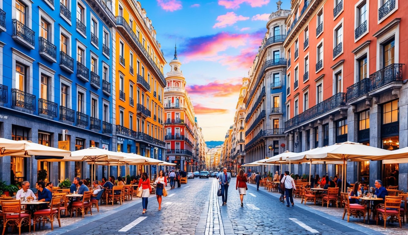 Colorful buildings line a street with people, restaurants, and a sunset sky