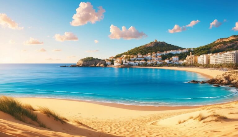 Beach scene with turquoise water, sandy shore, and white buildings on a hill