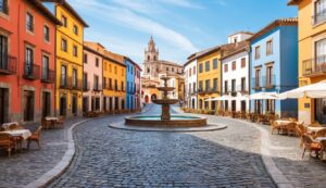 Cobblestone street with fountain, colorful buildings, and a church in the distance