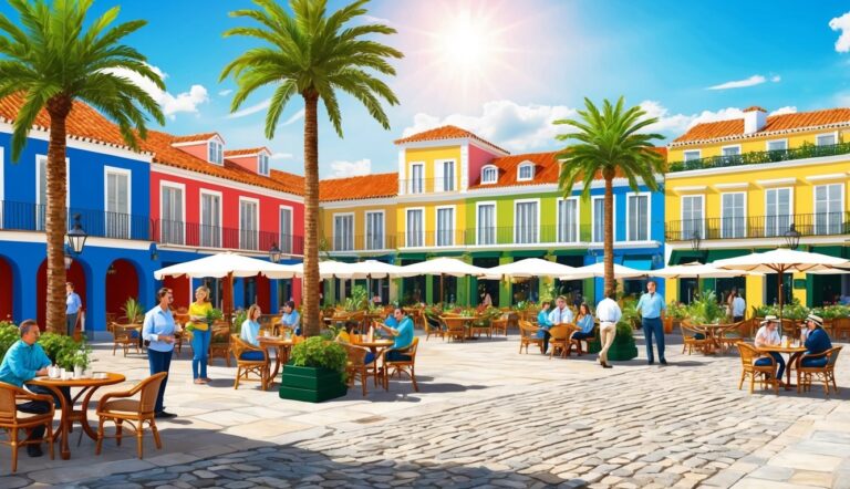 Colorful buildings surround a plaza with outdoor seating, palm trees, and people