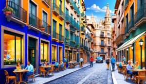 Colorful European street scene with people dining and walking. Buildings with balconies