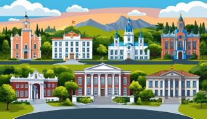 Cartoon illustration of several colorful buildings with mountains in the background