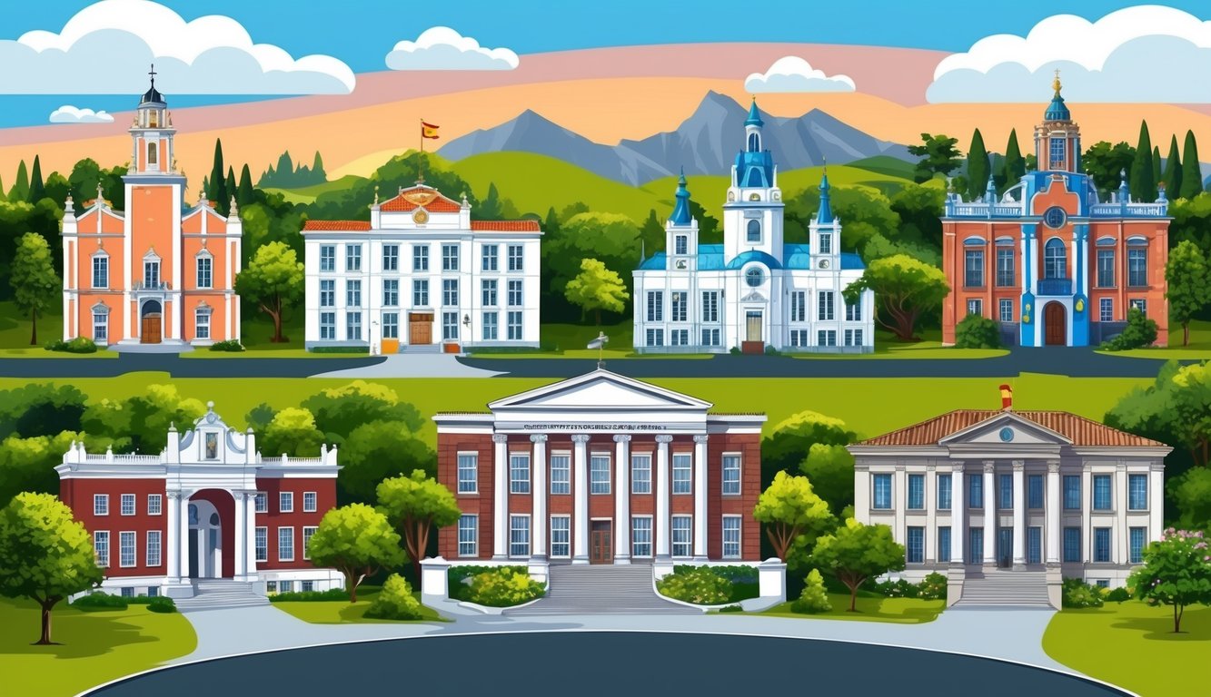 Cartoon illustration of several colorful buildings with mountains in the background
