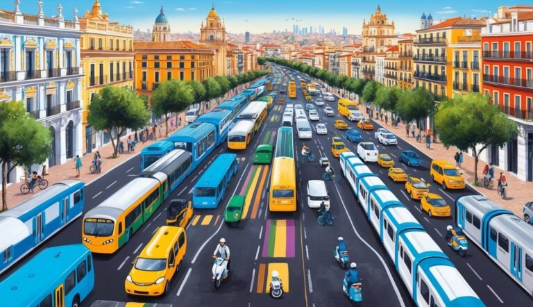 City street with trams, buses, cars, and buildings in a vibrant illustration