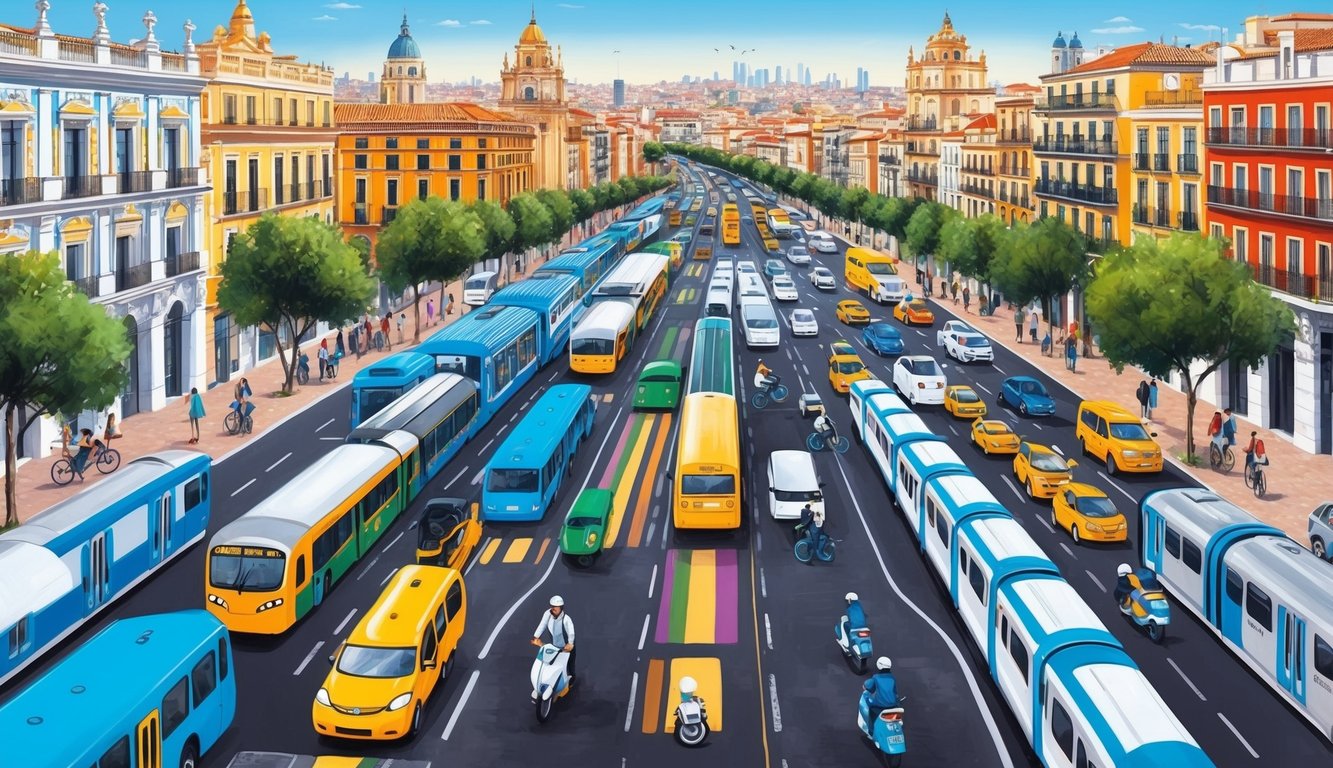 City street with trams, buses, cars, and buildings in a vibrant illustration