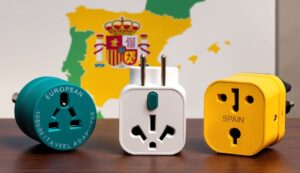 Three travel adapters labeled "European" and "Spain" in front of a map