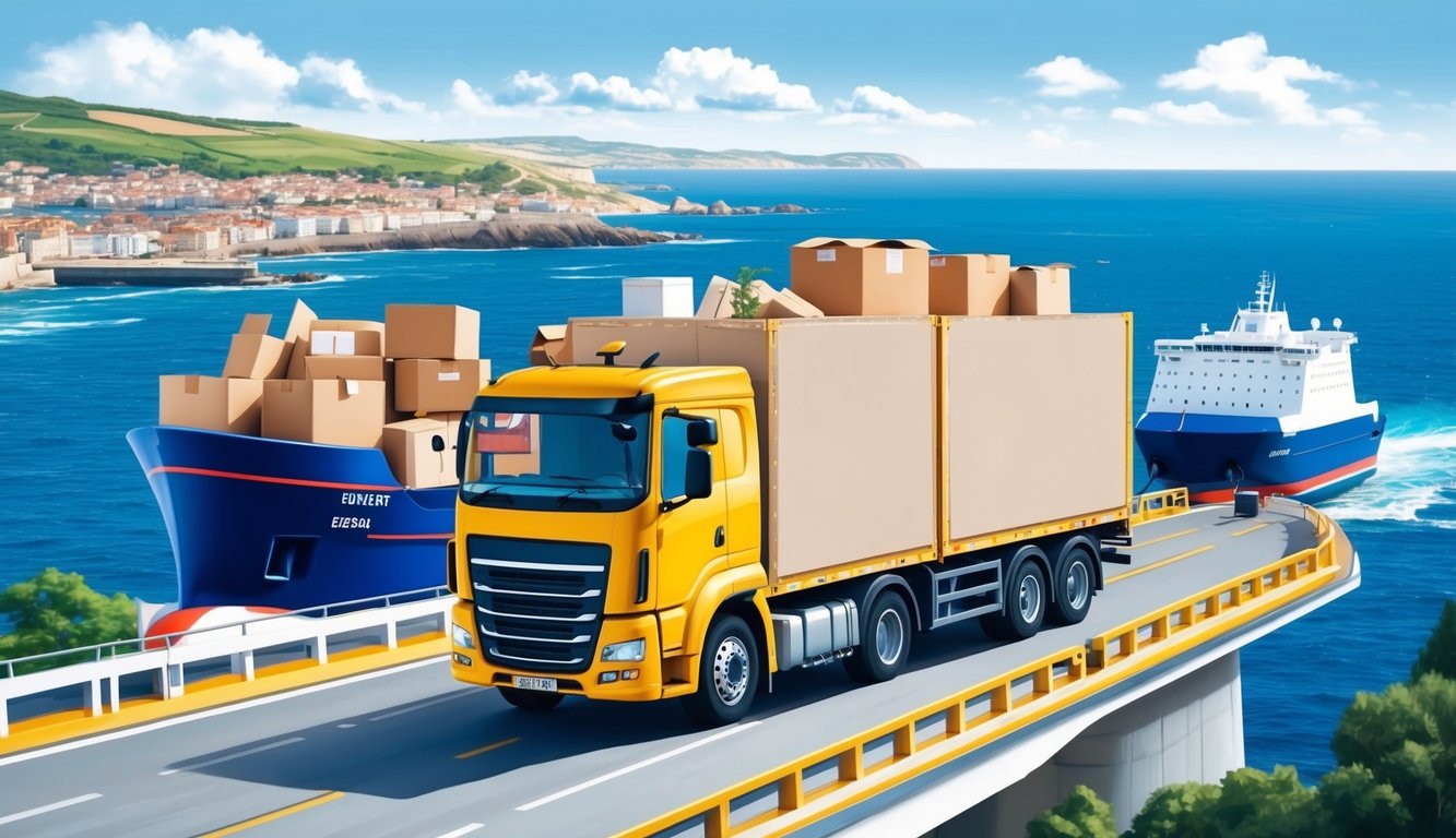 Yellow truck on a bridge with cargo ships and boxes