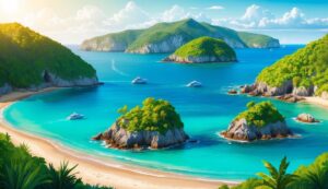 Tropical beach scene with turquoise water, islands, boats, and lush greenery