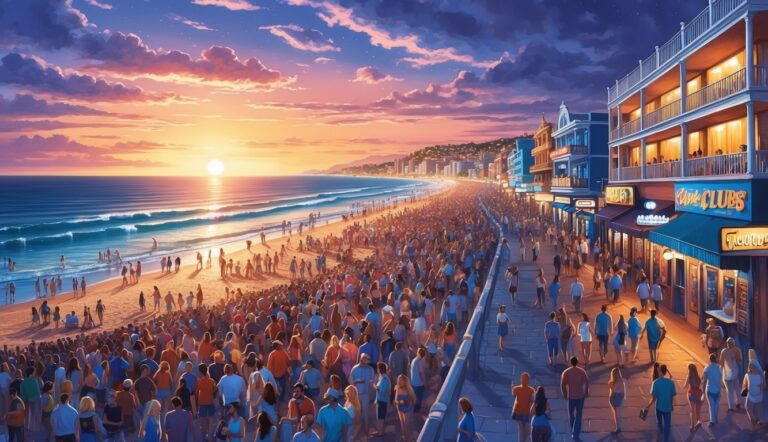 Crowd on beach at sunset, buildings on boardwalk, ocean waves