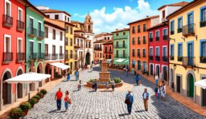 Colorful buildings surround a cobblestone square with a fountain and people