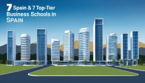 Seven modern skyscrapers on a green lawn, with text "Spain & 7 Top-Tier Business Schools."