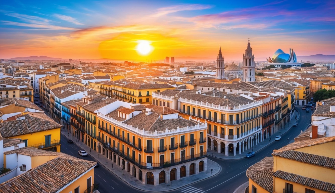 Cityscape at sunset with colorful buildings, towers, and a modern structure