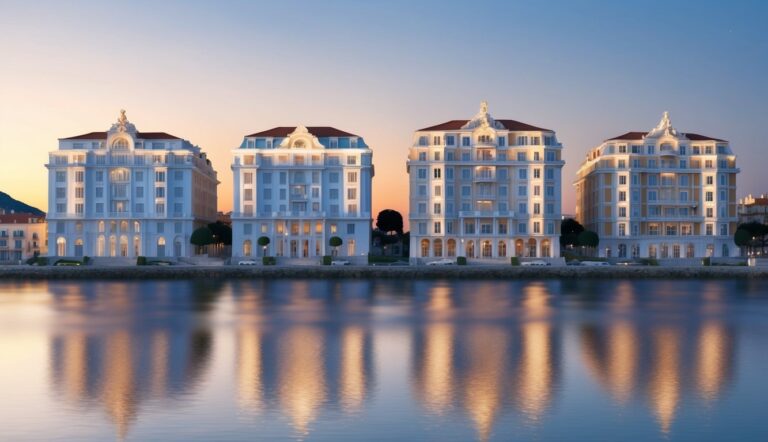 Four ornate buildings with red roofs reflected in calm water at sunset