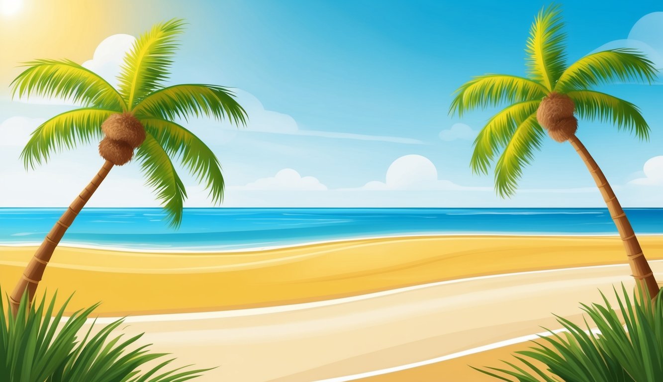 Cartoon beach scene with palm trees, sand, ocean, and blue sky