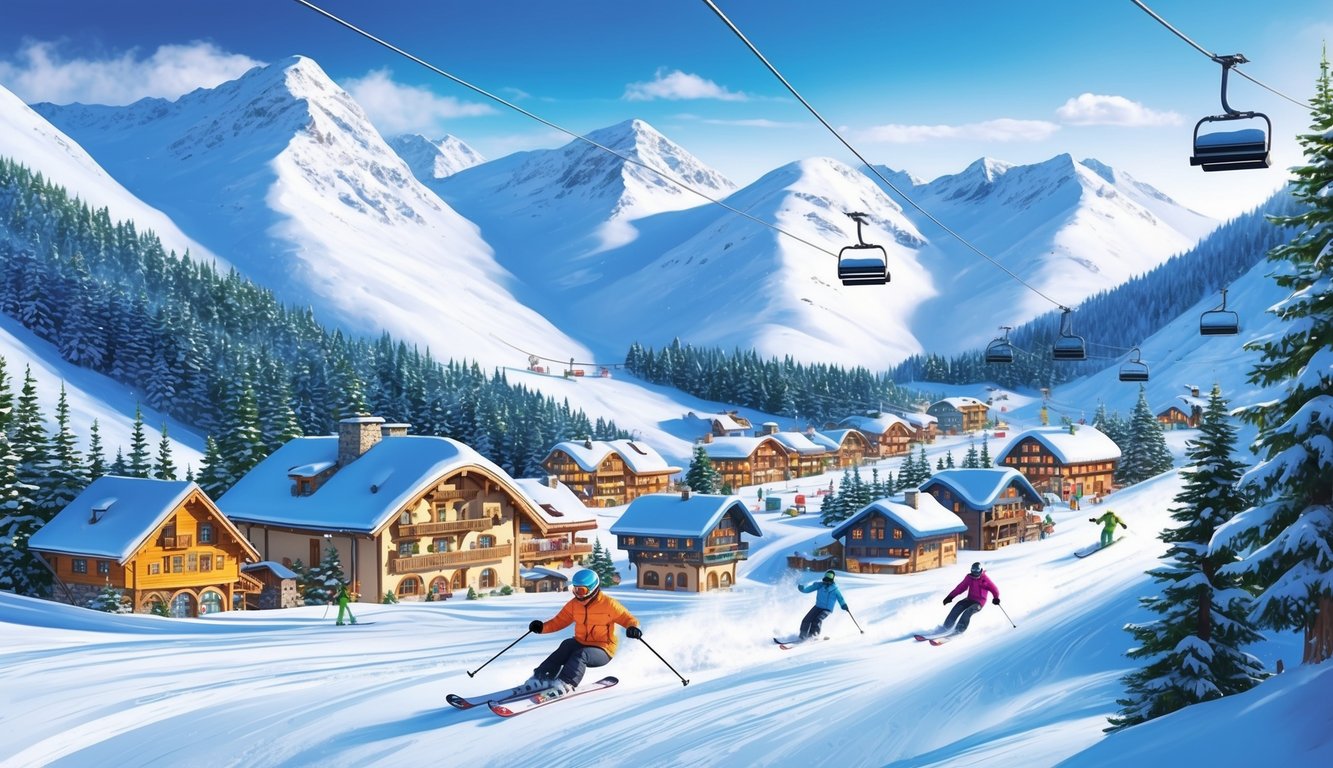 Skiers on a snowy slope in a mountain village with ski lifts