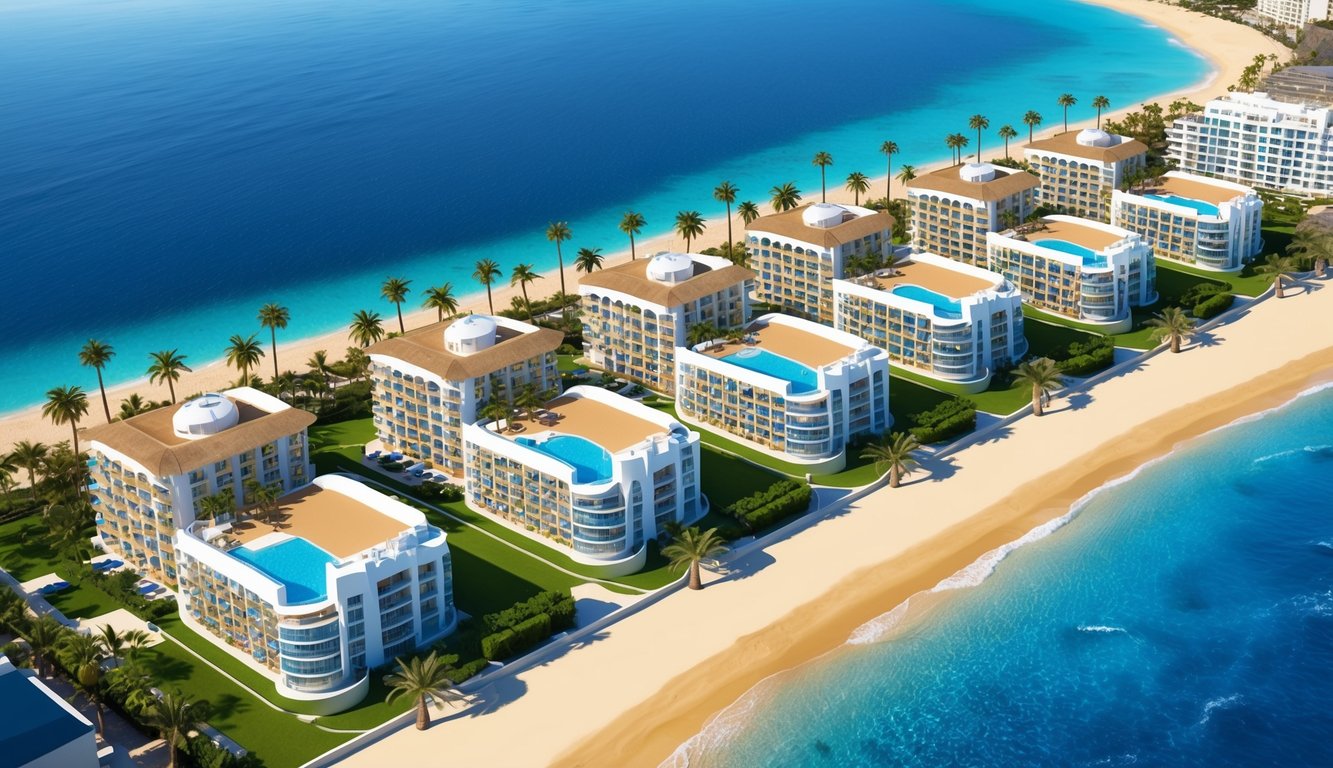 Luxury beachfront resort with multiple buildings, pools, and palm trees