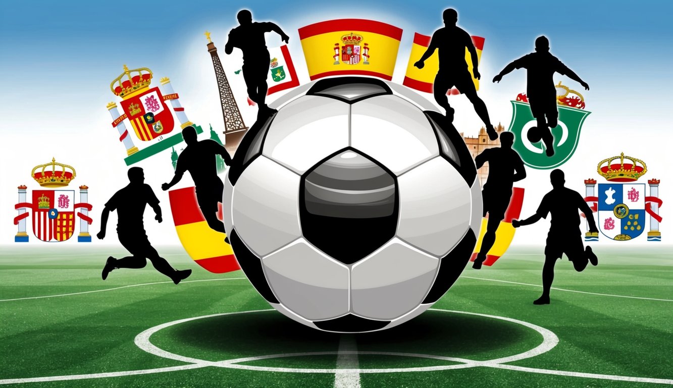 Soccer ball with silhouetted players, flags, and crests on a green field