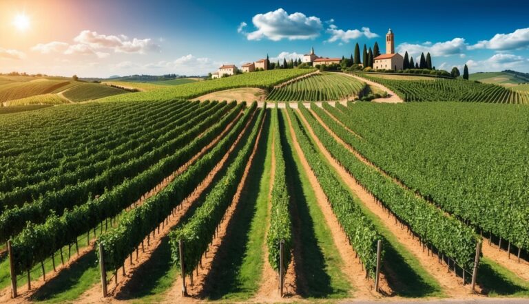 Vineyard rows leading to a village on a hill under a sunny sky