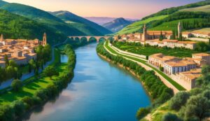 Scenic view of a river flowing through a European town, mountains in background