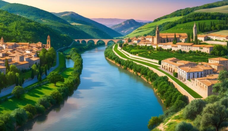 Scenic view of a river flowing through a European town, mountains in background