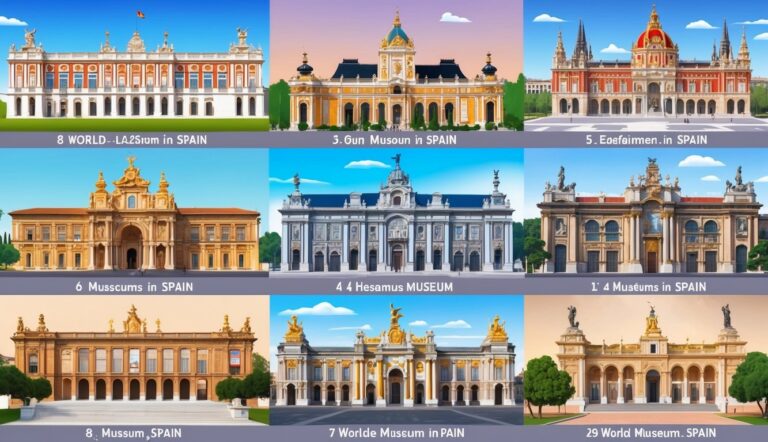 Nine illustrations of ornate buildings, labeled as museums, against a blue sky