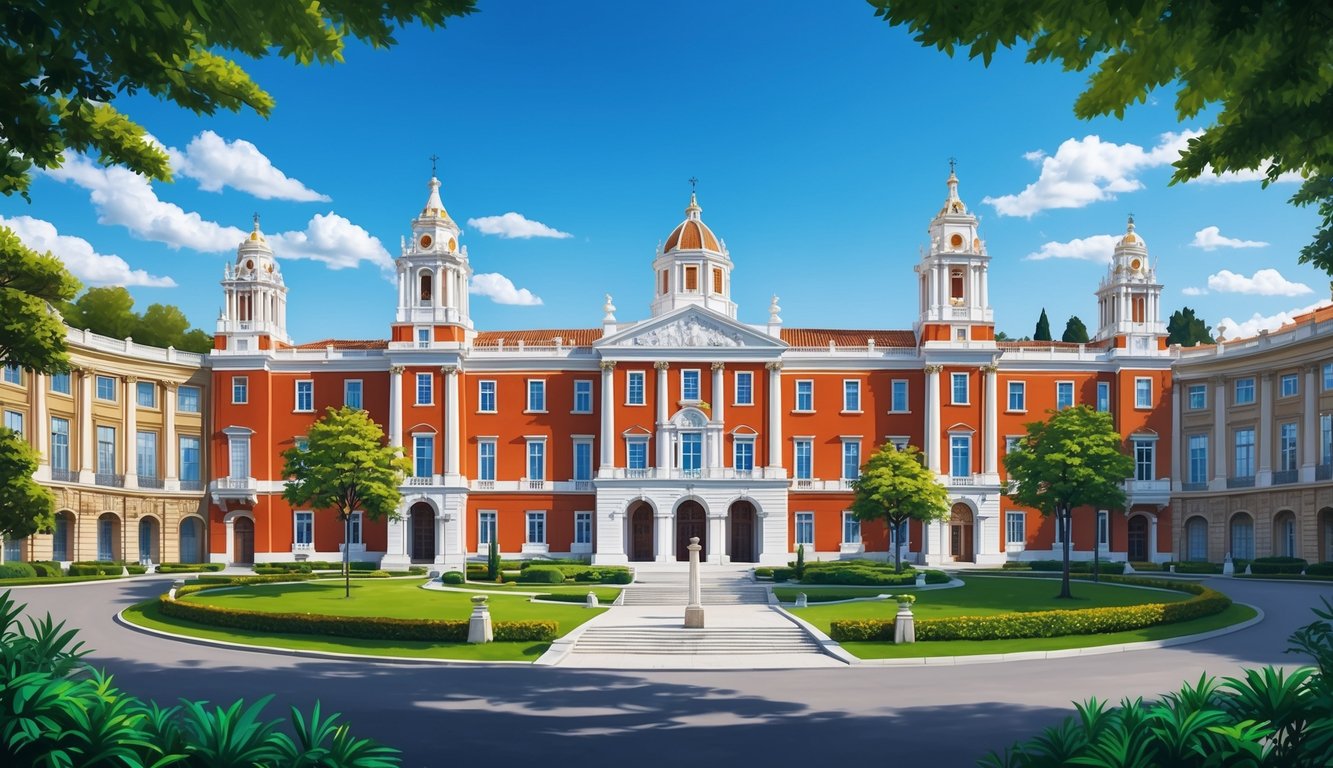 Large red building with white accents, towers, and a manicured lawn
