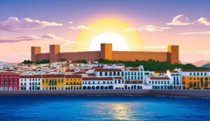 Coastal town with a fortress, colorful buildings, and a setting sun