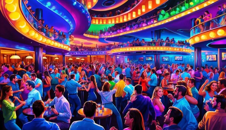 Colorful illustration of a crowded nightclub with people dancing and socializing
