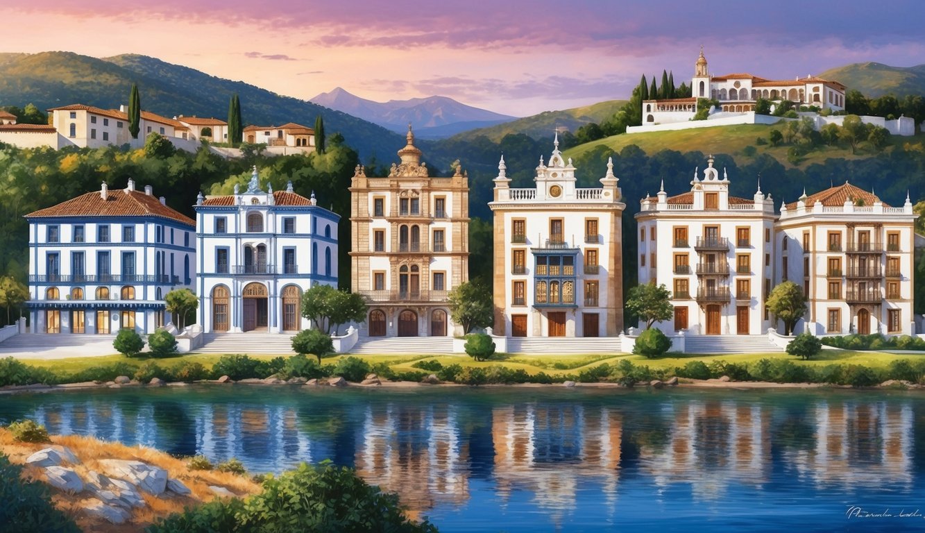 Row of ornate buildings on a riverbank, mountains in the background