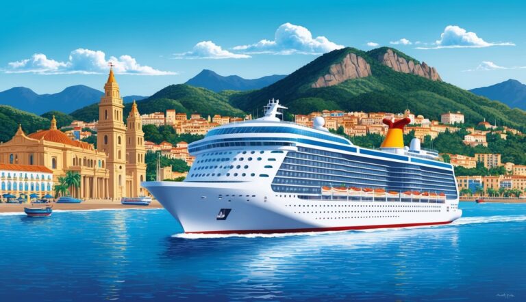 Cruise ship sailing near a coastal town with mountains in the background