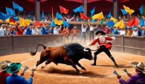 Bullfighter in red jacket facing a charging bull in a bullring with crowd