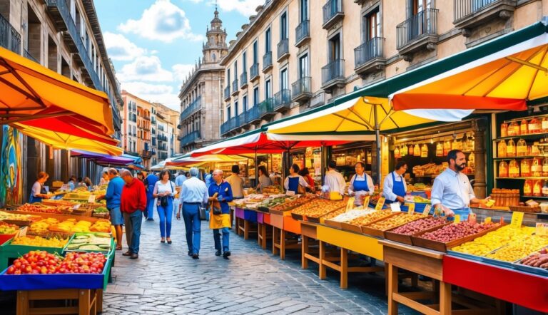 Outdoor market with colorful produce, awnings, and people shopping in a European city