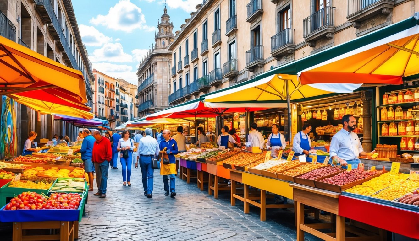 Outdoor market with colorful produce, awnings, and people shopping in a European city