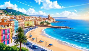Coastal town with colorful buildings, beach, and blue ocean under a sunny sky