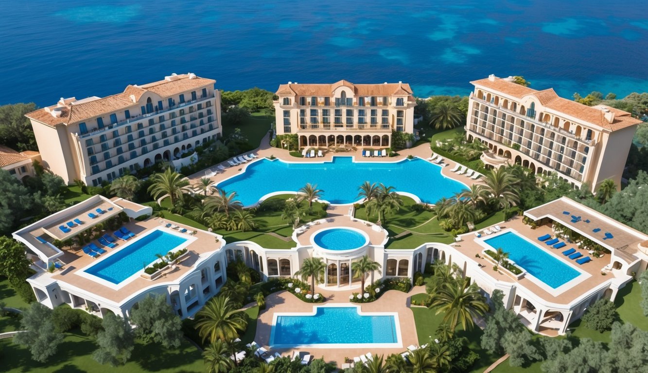 Aerial view of a luxury resort with pools and ocean backdrop