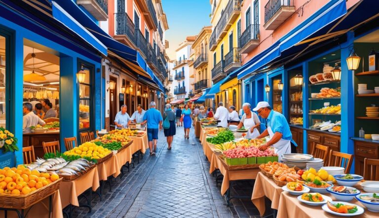 Street market with food stalls, people, and colorful buildings
