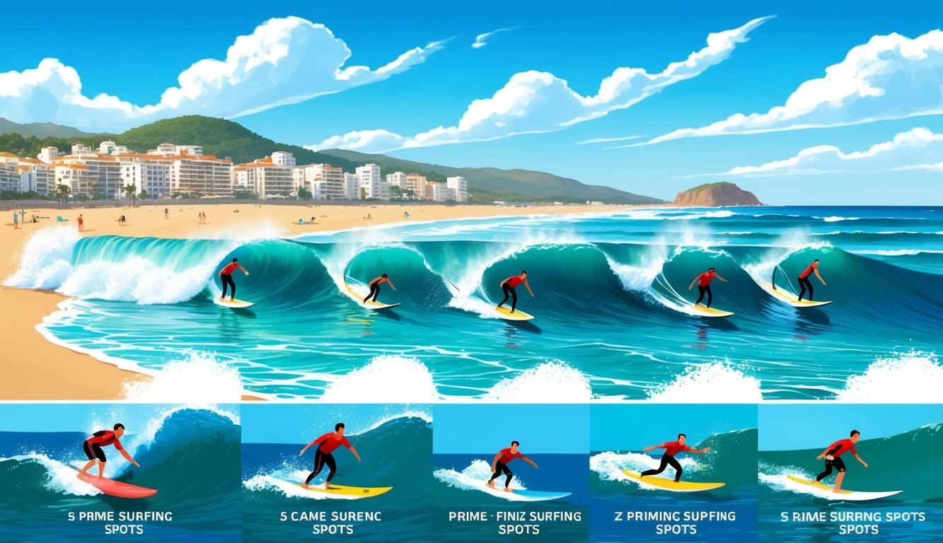 Surfers riding waves at a beach with buildings and a mountain in the background