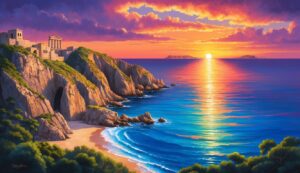 Coastal landscape with ancient ruins, cliffs, beach, and sunset over the ocean