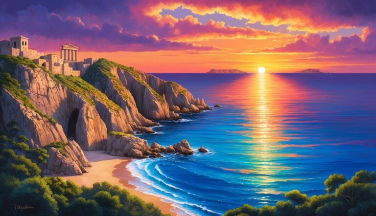 Coastal landscape with ancient ruins, cliffs, beach, and sunset over the ocean