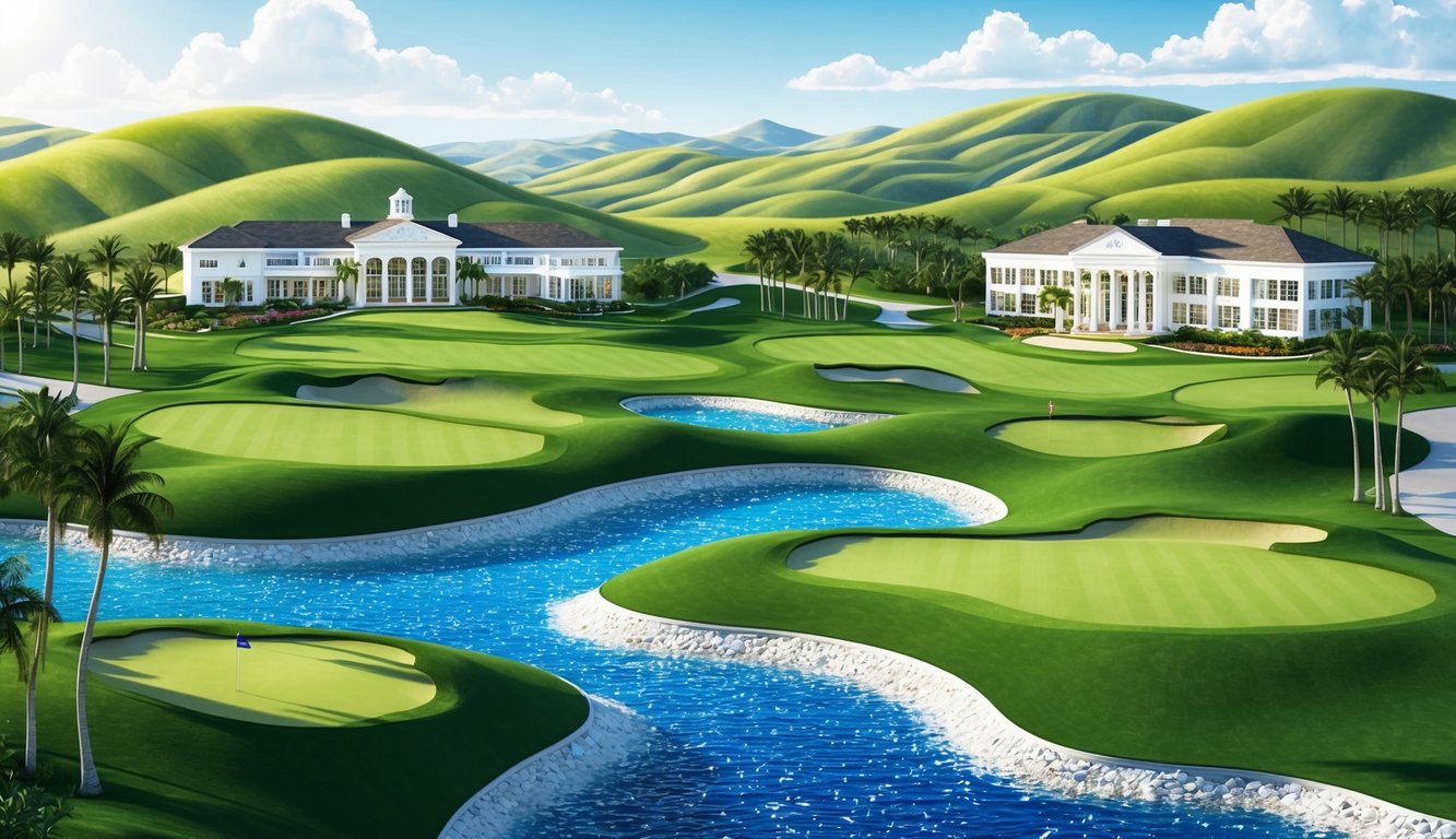 Golf course with white mansions, water features, and rolling green hills