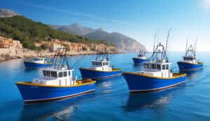 Blue and white fishing boats in a harbor with a coastal town in the background