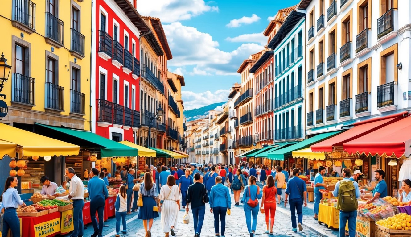 Busy street market with colorful buildings and many people shopping