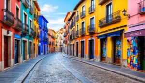 Cobblestone street lined with colorful buildings in Valencia, Spain
